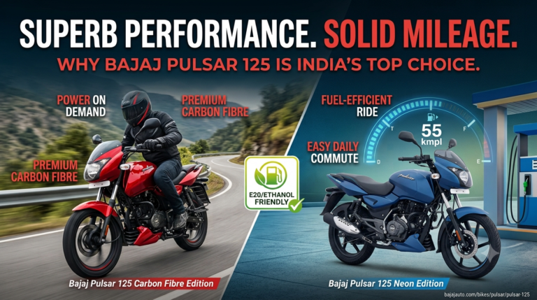 This detailed infographic, created for an article on why the Bajaj Pulsar 125 is a top choice in India, is split into two halves. The left half features the Bajaj Pulsar 125 Carbon Fibre Edition, showing its superb performance and features like power on demand and premium carbon fibre. The right half focuses on the solid mileage, ease of daily commute, and fuel efficiency, with the bike in its Neon Edition finish. The image is an excellent fit for the intended topic.
