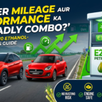 A modern, high-contrast digital infographic for an Indian auto blog featuring dynamic passenger cars (like a hatchback and SUV) parked next to a futuristic green fuel station displaying the logo 'E20 Petrol'. Large bold Hinglish typography reads "Damper Mileage Aur Performance Ka Deadly Combo?" next to badge icons highlighting features like BS6 Phase-2 Compliant, No Rusting Risk, and E20 Ready.