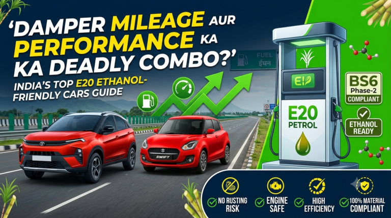 A modern, high-contrast digital infographic for an Indian auto blog featuring dynamic passenger cars (like a hatchback and SUV) parked next to a futuristic green fuel station displaying the logo 'E20 Petrol'. Large bold Hinglish typography reads "Damper Mileage Aur Performance Ka Deadly Combo?" next to badge icons highlighting features like BS6 Phase-2 Compliant, No Rusting Risk, and E20 Ready.