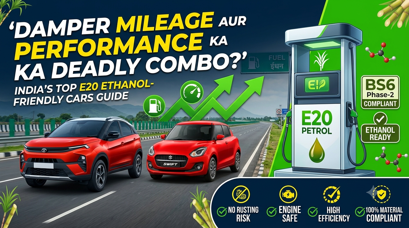 A modern, high-contrast digital infographic for an Indian auto blog featuring dynamic passenger cars (like a hatchback and SUV) parked next to a futuristic green fuel station displaying the logo 'E20 Petrol'. Large bold Hinglish typography reads "Damper Mileage Aur Performance Ka Deadly Combo?" next to badge icons highlighting features like BS6 Phase-2 Compliant, No Rusting Risk, and E20 Ready.
