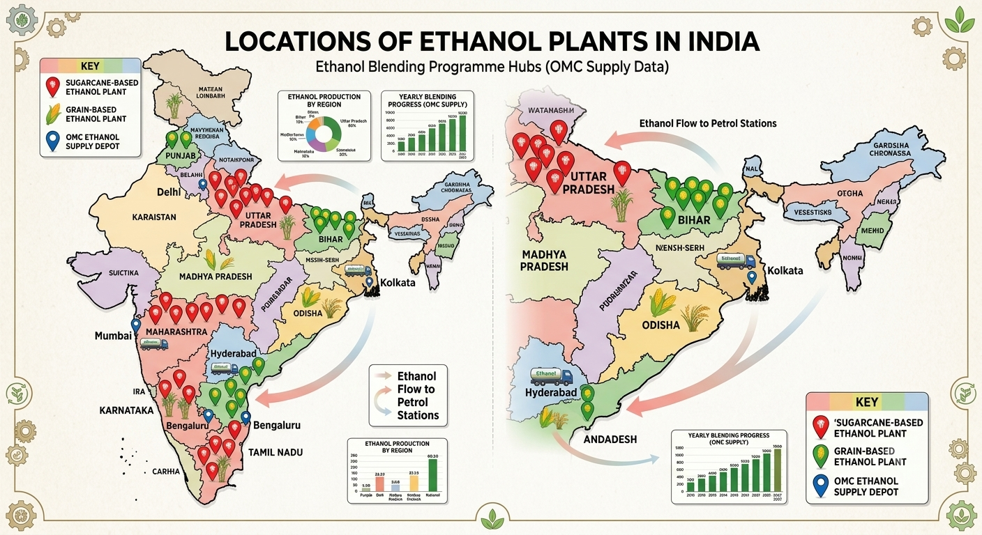 An illustrative infographic map of India titled "Locations of Ethanol Plants in India," showing the distribution of ethanol production hubs. Red pins mark sugarcane-based ethanol plants across major belts like Uttar Pradesh, Maharashtra, and Karnataka, while green pins mark grain-based ethanol plants in states like Bihar, Odisha, and Punjab. Blue pins highlight Oil Marketing Company (OMC) supply depots, with arrows depicting ethanol flow from factories to petrol stations across the country.