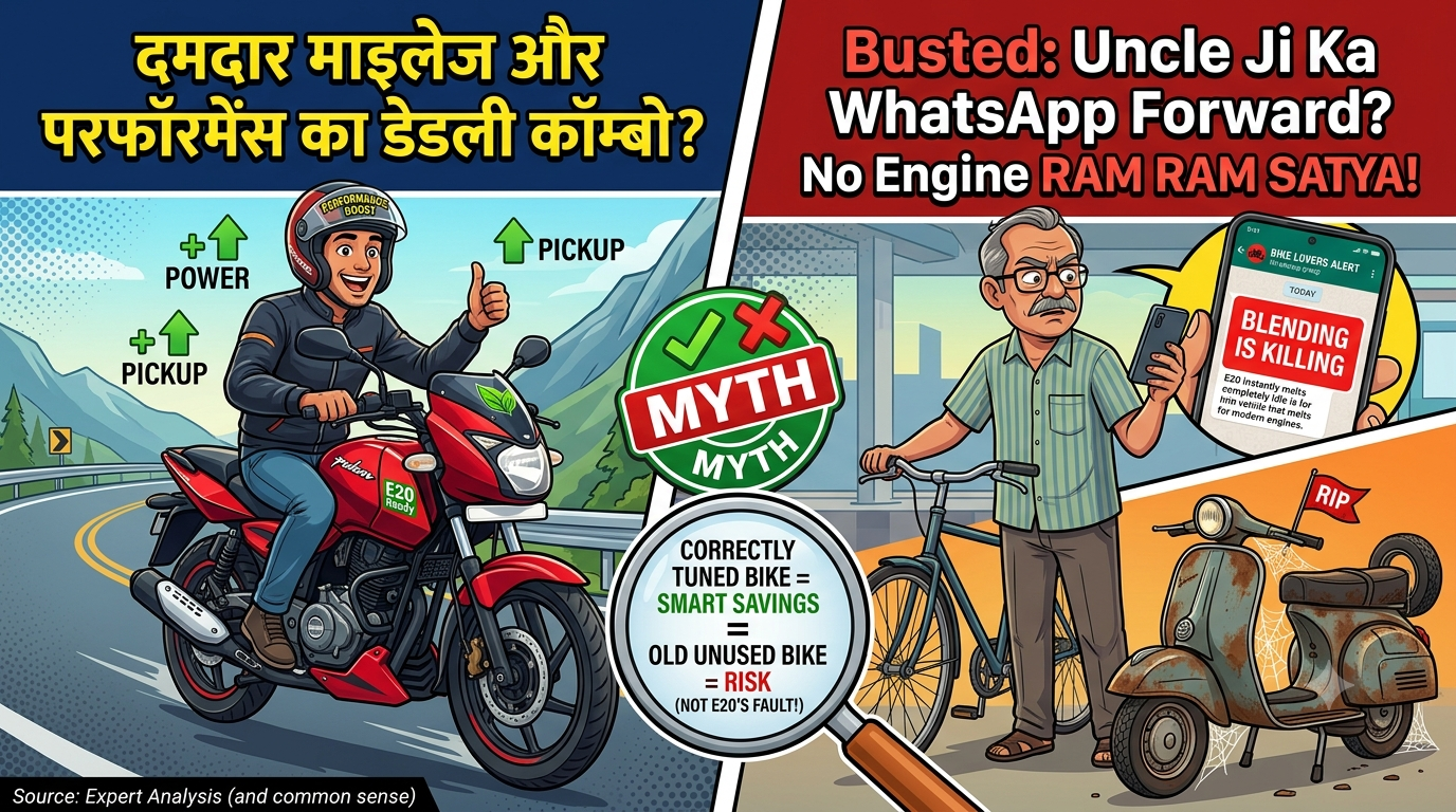 A side-by-side comic infographic about E20 petrol in India. The left side shows a happy young rider giving a thumbs-up on a red motorcycle, with green icons highlighting power, pickup, and performance boost. The right side humorously shows an older man looking worriedly at a WhatsApp forward on his smartphone next to an old, rusted scooter with a "RIP" flag, busting popular myths about ethanol-blended fuel destroying vehicle engines.